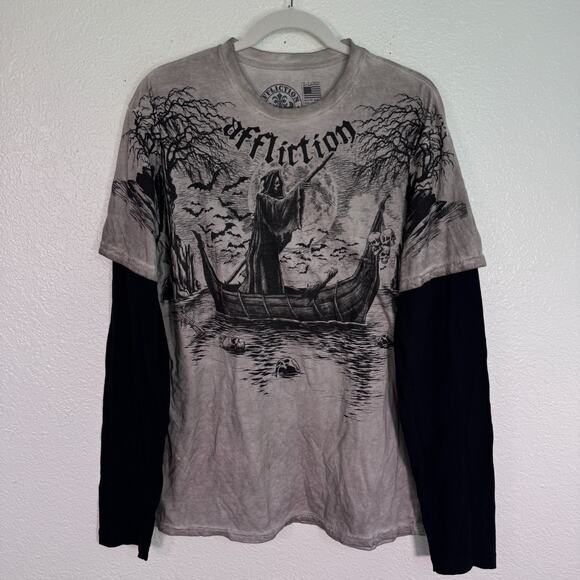 Affliction Shirt Mens XL River Styx 2fer Grim Reaper Graphic Tee Grunge Punk - Picture 1 of 11